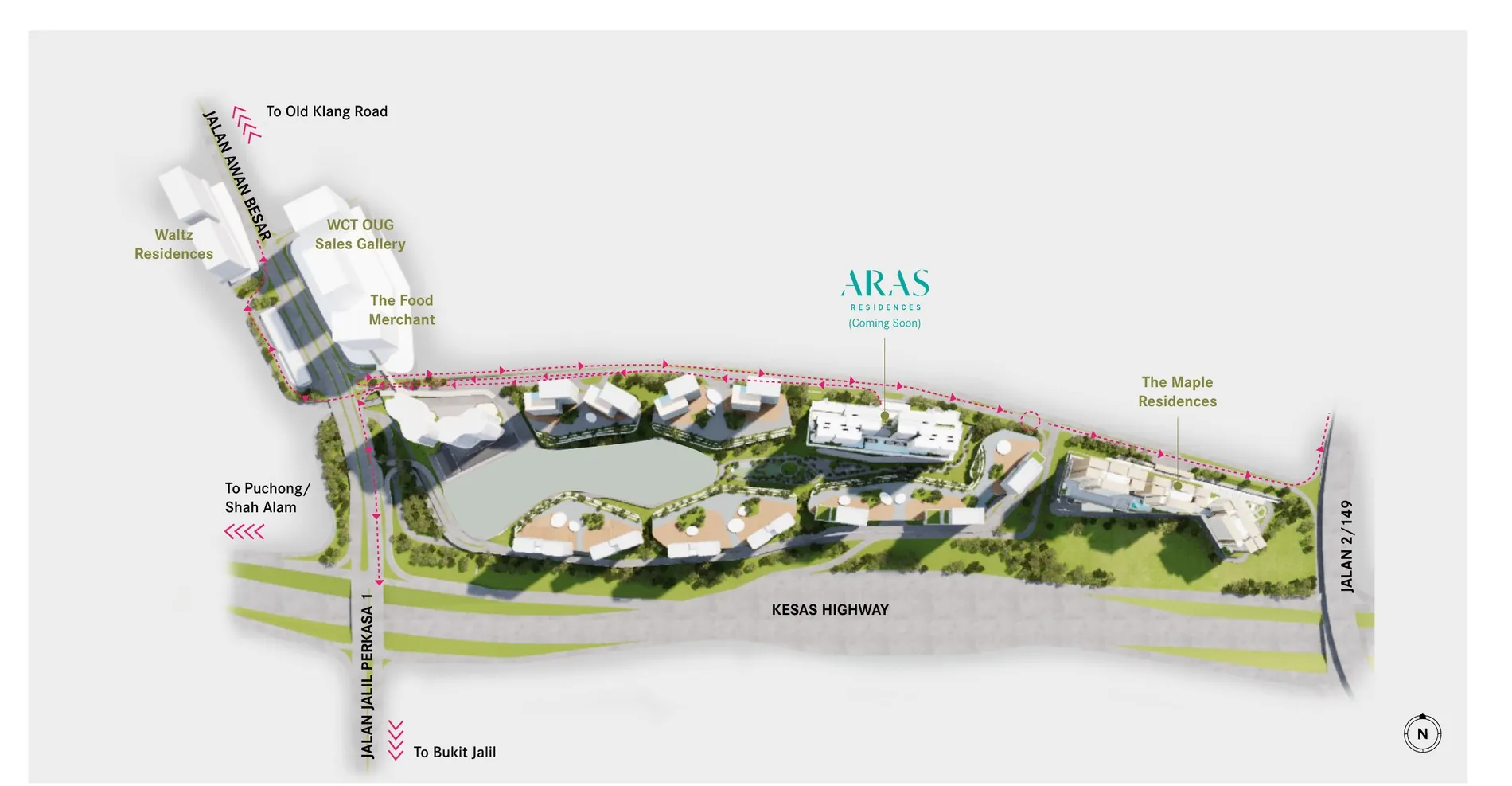 Accessibility egress map — ARAS Residences within WCity OUG, with routes via Jalan Awan Besar, Jalan Jalil Perkasa 1 and KESAS Highway