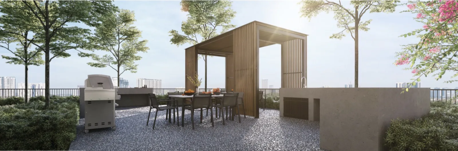 Rooftop BBQ terrace with grill and dining