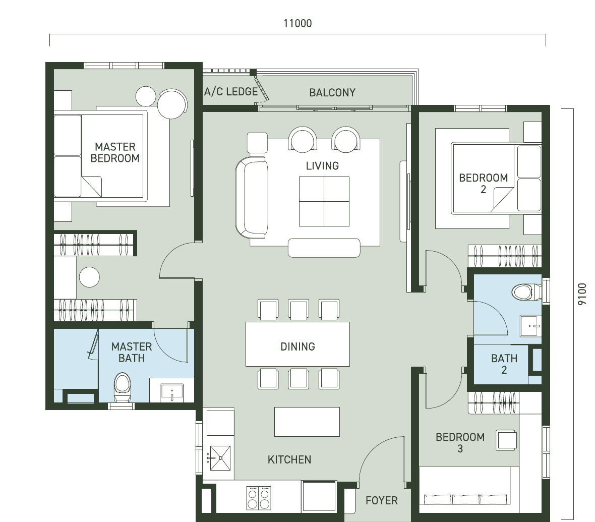 Type B / B1 layout plan — 1,062 sq.ft, 3 bedrooms