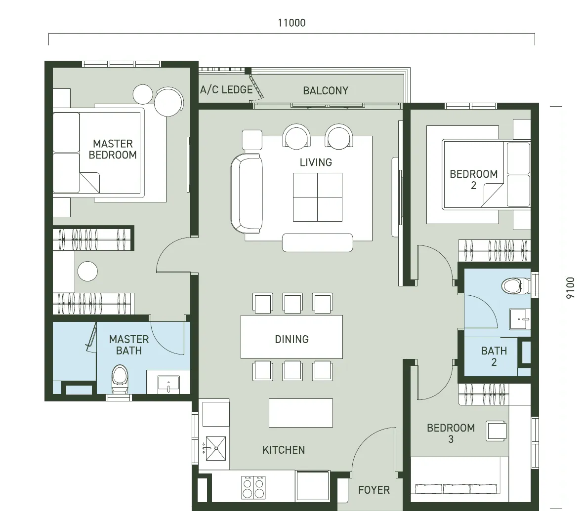 Type B / B1 layout plan — 1,062 sq.ft, 3 bedrooms