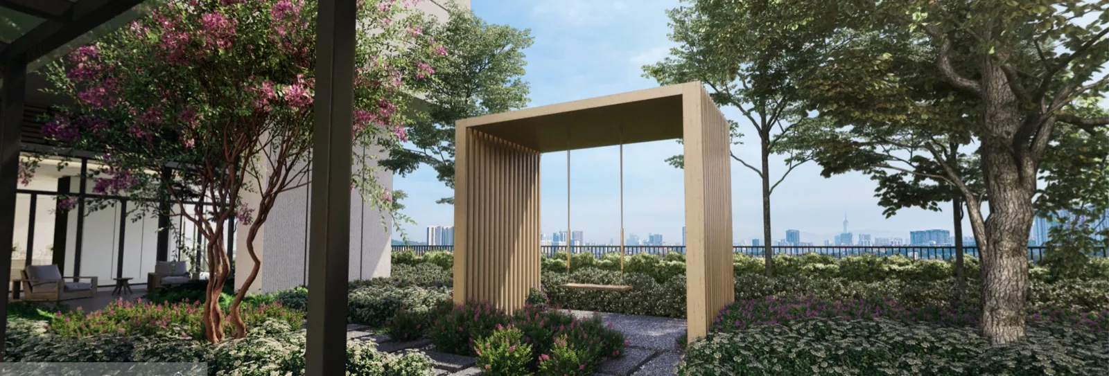 Sky garden landscaping with feature swing