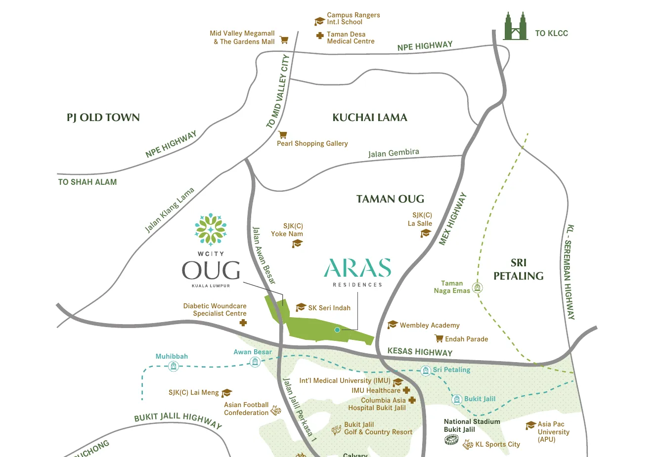 Location map — ARAS Residences @ WCity OUG, highways, rail and landmarks