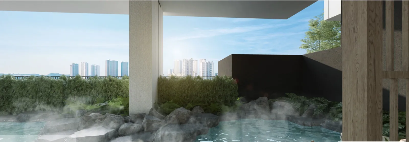 Onsen hot spring pool with skyline view